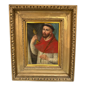 18th-Century Spanish Religious Oil Painting | Baroque Saint With Monstrance & Crown of Thorns | Gilded Frame