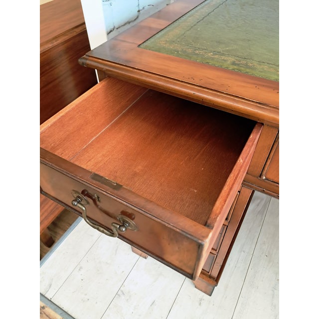 Antique Twin Pedestal Desk in Dark Yew Wood and Leather Top, 1980 For Sale - Image 14 of 18