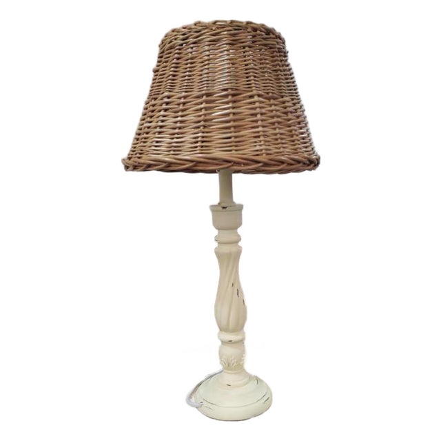 Rattan Shade & Distressed Iron Lamp For Sale