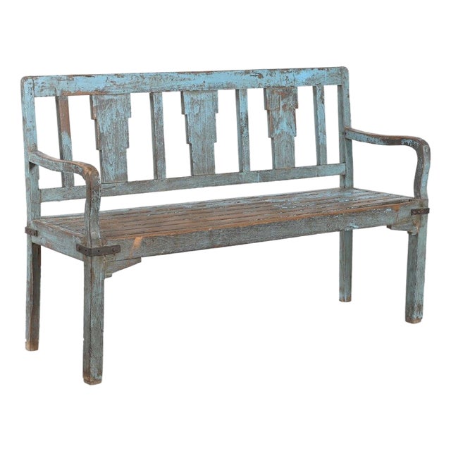Vintage Anglo-Indian Painted Teakwood Garden Bench, Mid-Century For Sale