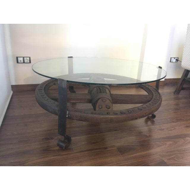 Baroque Wooden Wagon Wheel Indutrial Accent Spanish Table With Glass Top For Sale - Image 3 of 11