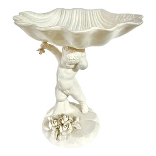 Vintage Italian Capodimonte Style Ceramic Shell With Putti Cherub Base For Sale