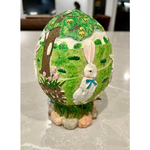 Shabby Chic Hand Painted, Carved Resin Easter Egg With Bunny Garden Scenes For Sale - Image 3 of 9