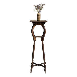 1910s French Chestnut Brown Art Nouveau Pedestal Table with Ceramic Tile Top For Sale