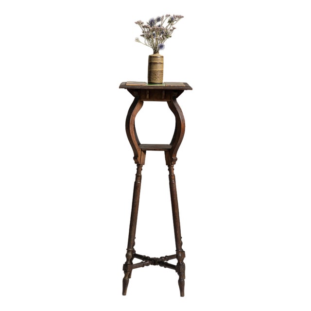 1910s French Chestnut Brown Art Nouveau Pedestal Table with Ceramic Tile Top For Sale