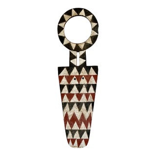 Vintage Tribal Geometric Painted Wood Shield For Sale