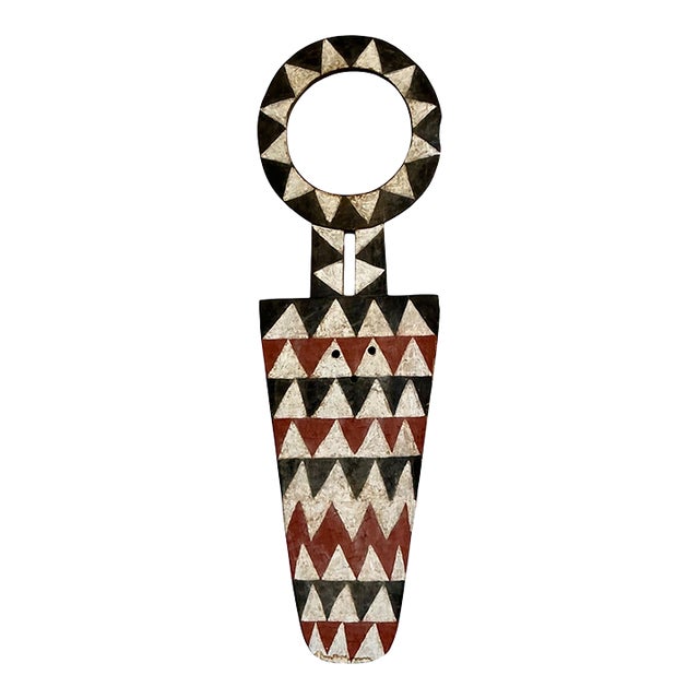 Vintage Tribal Geometric Painted Wood Shield For Sale