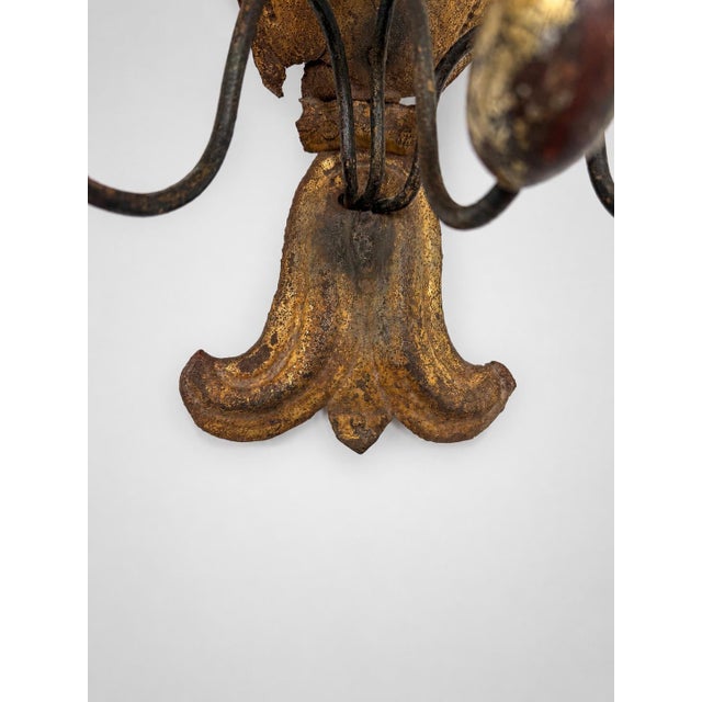 Wood Pair 19th Century, Italian Baroque Revival Gilt Wood & Tole Three-Arm Sconces For Sale - Image 7 of 9