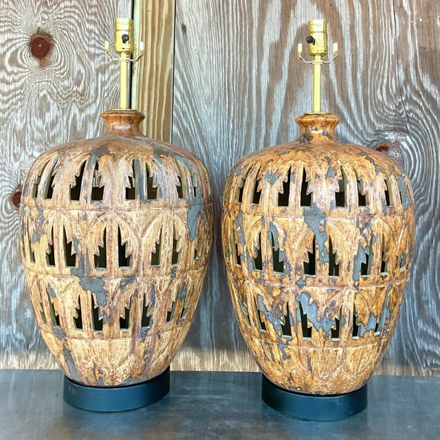 Vintage Boho Punch Cut Palm Frond Ceramic Table Lamps - a Pair For Sale - Image 4 of 6