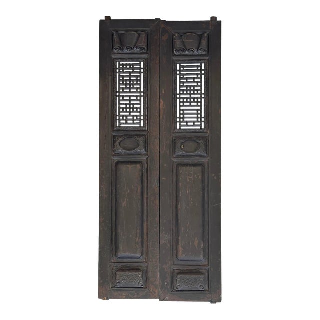 Pair Vintage Chinese Brown Fujian Style Carving Wood Wall Door Panels For Sale