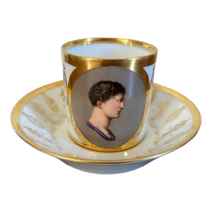 Antique Early 19th Century French Empire Paris Porcelain Coffee Can Cup and Saucer With Classical Portrait