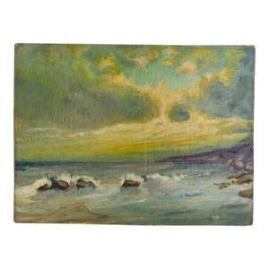 Small Impressionist Sunset Seascape Painting on Masonite Artist Unknown