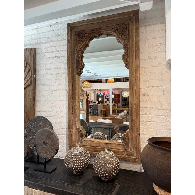 Wood Antique Raja Carved Wood Window Mirror For Sale - Image 7 of 7