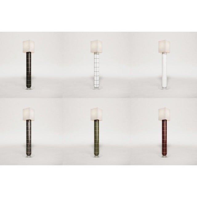 Contemporary Handcrafted Ceramic Floor Lamp in Smoked Moss Glaze With Linen Lampshade For Sale - Image 3 of 4