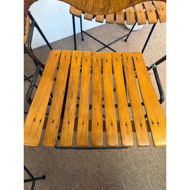 Wood Wrought Iron, Wicker and Wood Slatted Bar Stools by Arthur Umanoff for Raymor, 1950s For Sale - Image 7 of 7