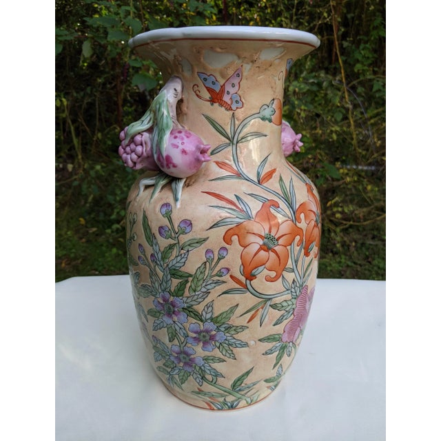 Late 20th Century Vintage Chinese Ceramic Vase W/Butterflies, Flowers & Pomegranate Fruit Handles For Sale - Image 5 of 12