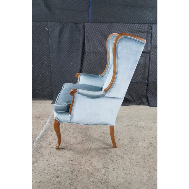 Wood Vintage Queen Anne Style Library Wing Back Chair Light Blue Velvet Fabric For Sale - Image 7 of 11