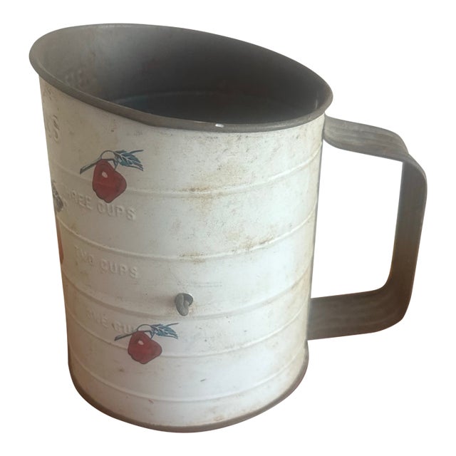 Vintage Hand-Crank Flour Sifter With Apple Motif For Sale