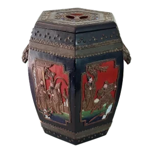 Antique Chinese Hand Carved and Painted Hexagonal Wooden Rice Barrel With Dragon Handles