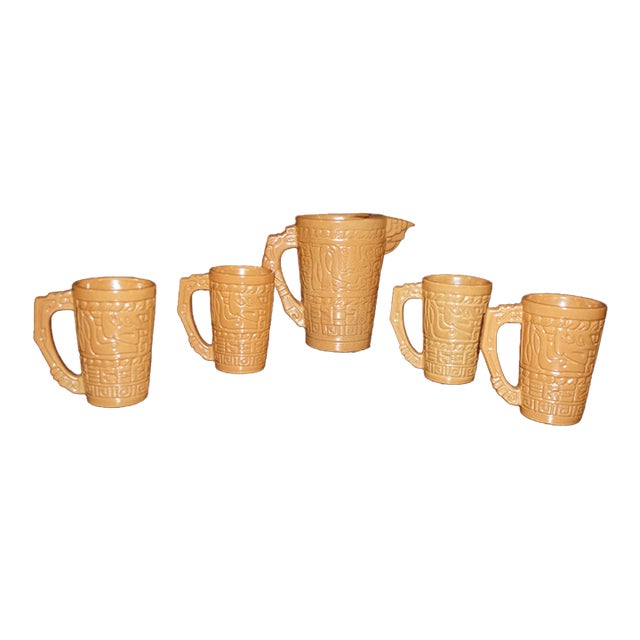 Vintage Spanish Revival Embossed Ceramic Pitcher & Four Mugs – 5 pcs For Sale