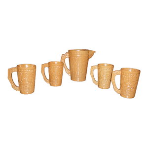 Vintage Spanish Revival Embossed Ceramic Pitcher & Four Mugs – 5 pcs