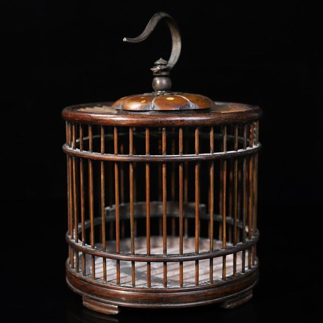 Vintage Chinese Huali Rosewood Cricket Cage | Round Cage With Brass Hook & Inlay For Sale - Image 11 of 11