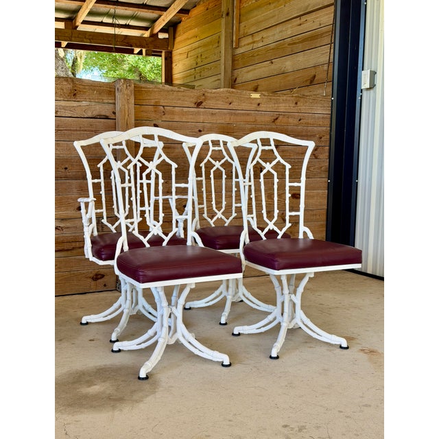 Set of Four Vintage Faux Bamboo Swivel Dining Chairs in Glossy White For Sale - Image 10 of 12