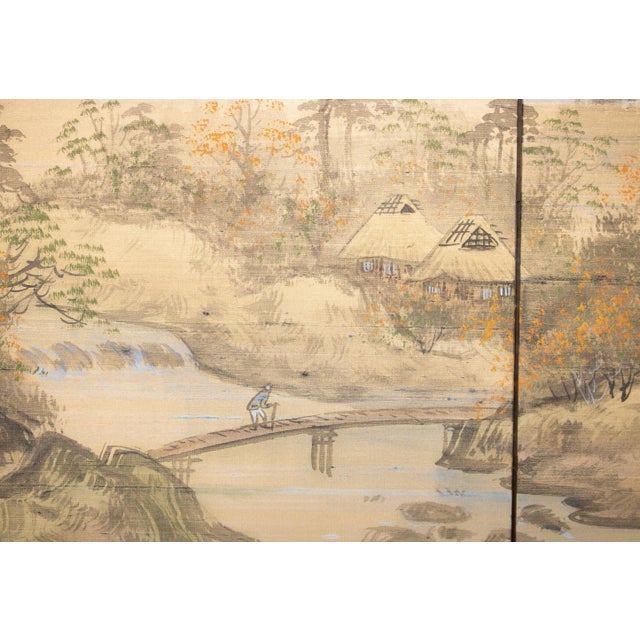 Goldenrod 1960s Shōwa Era Japanese Byobu Screen, "Mountain Landscape With River and Bridge" For Sale - Image 8 of 18