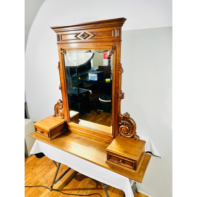 Art Nouveau French Walnut-Colored Wall-Mounted Dressing Table with Mirror, 1900 For Sale - Image 12 of 17