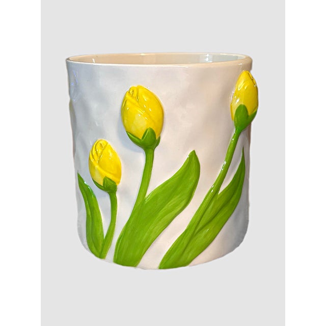 Vintage Ceramic Planter with Embossed Hand-Painted Tulips Celebrate spring year-round with this charming white ceramic...
