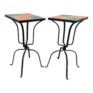 Pair of Vintage Tile Top Iron Side Tables For Sale