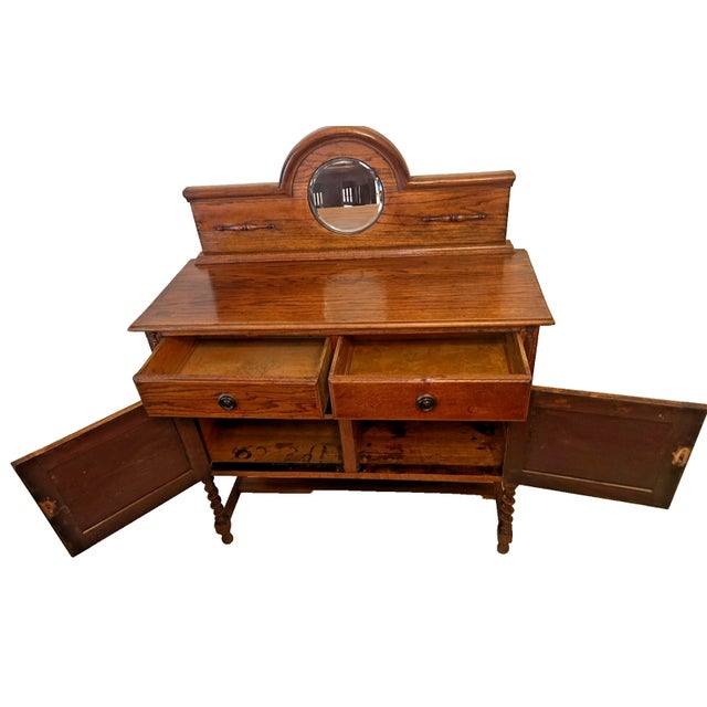 1910s Antique Barley Twist Oak Server Cabinet Sideboard Buffet Console, Beveled Mirror For Sale - Image 5 of 17