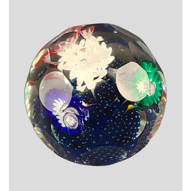 Vintage Attributed Murano Art Glass Paperweight Cut Faceted Colorful Floral. Good Condition, measuring 2 1/4'' x 2'' High....