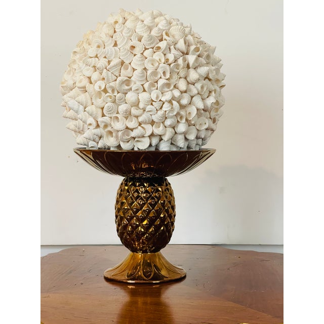 14” Large Florida Sea Shell encrusted globe on a bronze golf Brunswick pineapple ceramic Tazza.