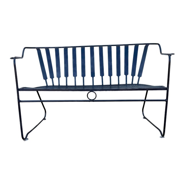 Vintage Mid-Century Modern Wrought Iron Patio Loveseat Bench | Russell Woodard Style Garden Sofa For Sale