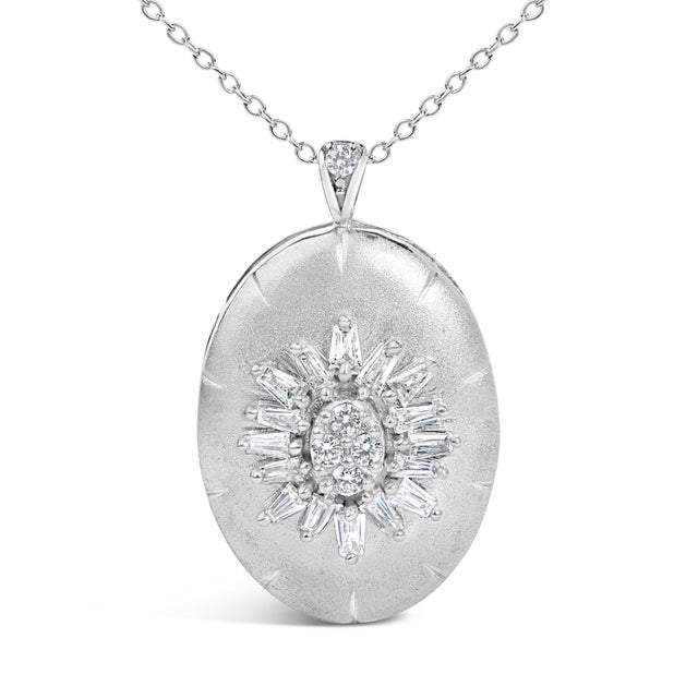 Contemporary Sterling Silver 3/8 Cttw Diamond Puffed Oval Medallion Pendant Necklace For Sale - Image 3 of 4