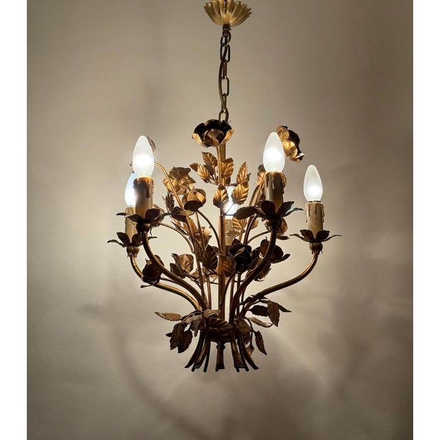 Hollywood Regency Golden 5-Light Rose Chandelier, 1960 For Sale - Image 15 of 16