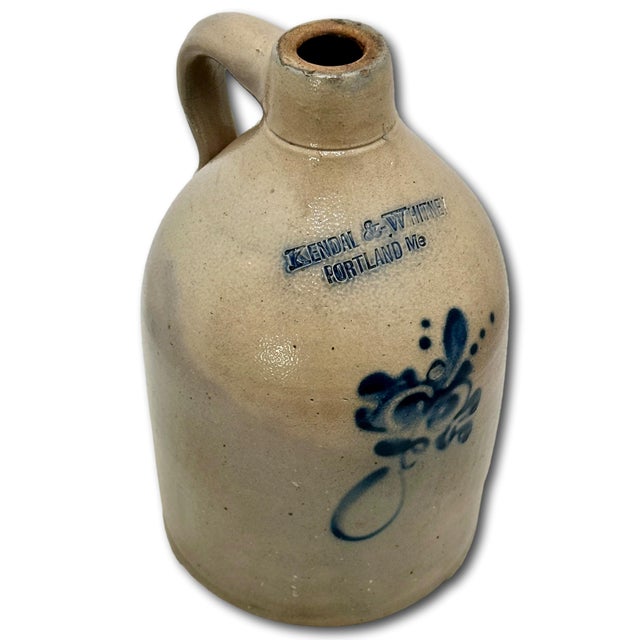 Scarce Antique American Blue Decorated Stoneware 1 Gallon Jug From Historic Portland Maine Merchant Kendal & Whitney For Sale - Image 9 of 18