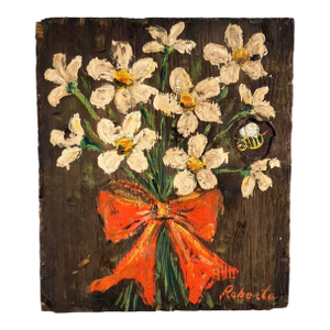 Vintage Folk Art Floral Painting on Wood by Roberta – Bouquet With Red Bow and Bee