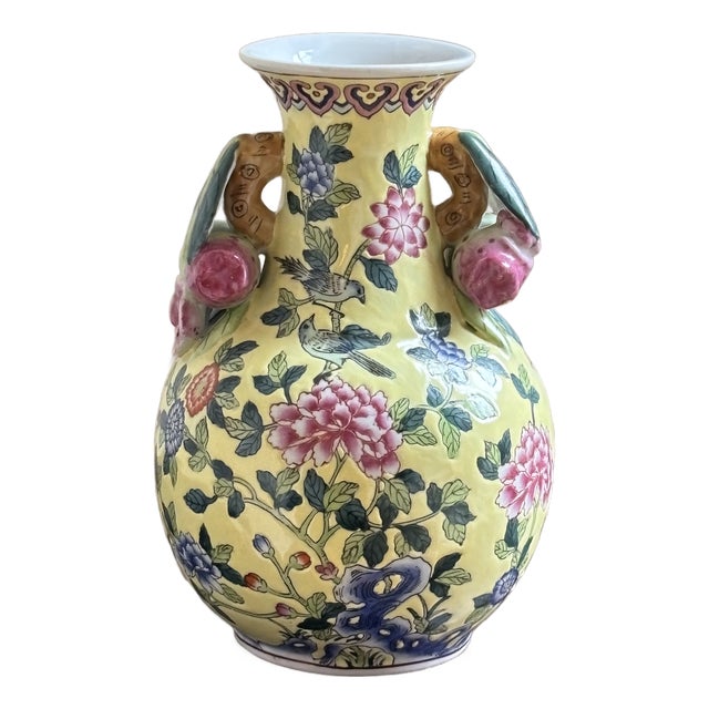 Late-20th Century Yellow Chinoiserie Ceramic Vase For Sale