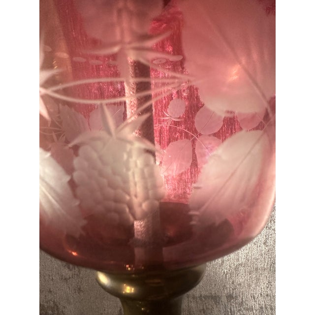 Antique Pink Cranberry Etched Glass Oil Lamp Converted to Electricity For Sale - Image 4 of 11