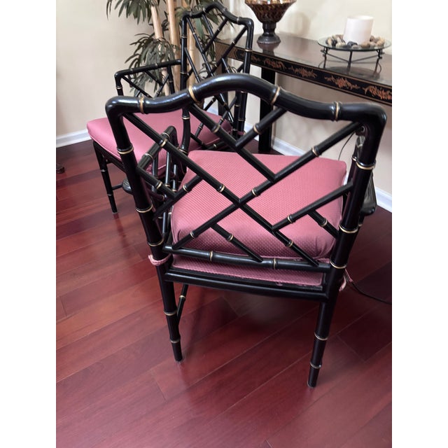 Chippendale 1980s Pair of Faux Bamboo Chippendale Armchairs With Pink Upholstered Seats For Sale - Image 3 of 4