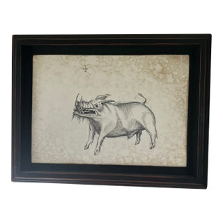 Wild Boar Drawing on Gesso Panel. (Framed) For Sale