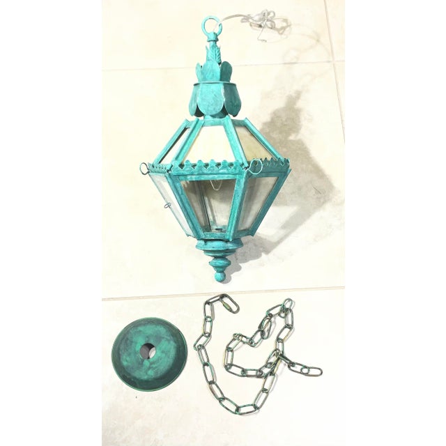 Vintage Verdigris Patina Lantern – Art Glass Hanging Chandelier/ Pendant For Sale - Image 12 of 16