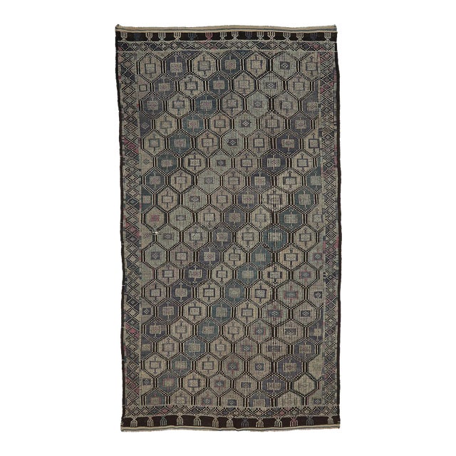 Mid 20th Century Vintage Embroidered Turkish Kilim Rug For Sale