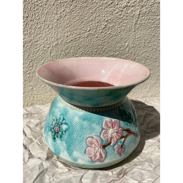 Victorian Antique Majolica Cuspidor Cherry Blossom Flower For Sale - Image 3 of 7