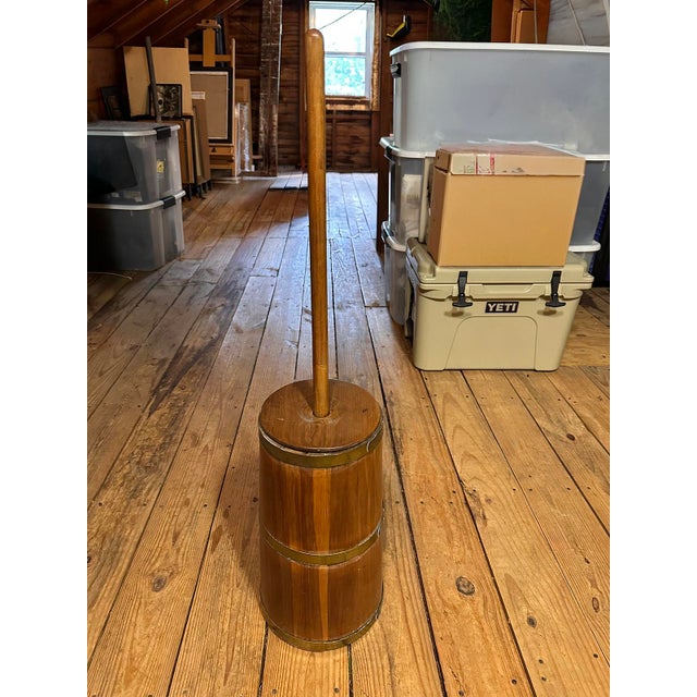 Antique Wooden Butter Churn With Original Dasher, 19th Century American Primitive, Brass-Banded Barrel For Sale - Image 4 of 6