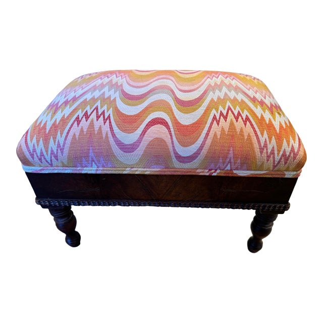 Antique Mahogany Ottoman With Decorator Fabric For Sale