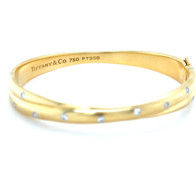 Contemporary Late 20th Century Tiffany & Co. Etoile 18k Yellow Gold, Platinum and Diamond Bangle Bracelet For Sale - Image 3 of 7