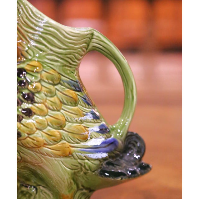 Green Mid-20th Century French Painted Barbotine Ceramic Duck Pitcher For Sale - Image 8 of 12